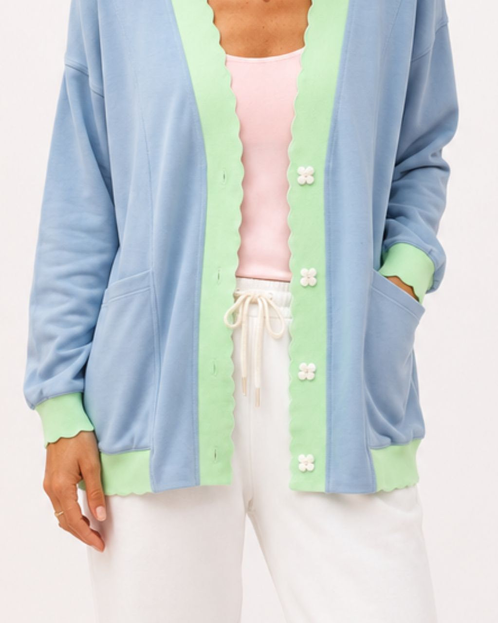 TheKool Cardi – Baby Blue & Pastel Green Scallop Trim Cardigan -