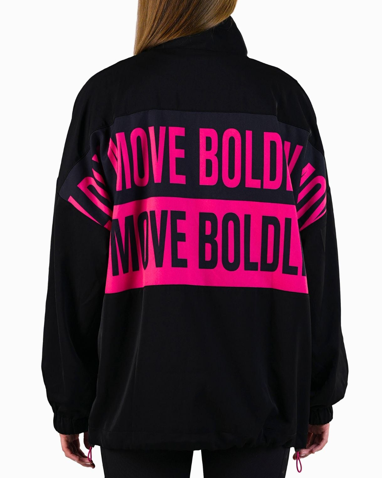 Black jacket with pink text on the back