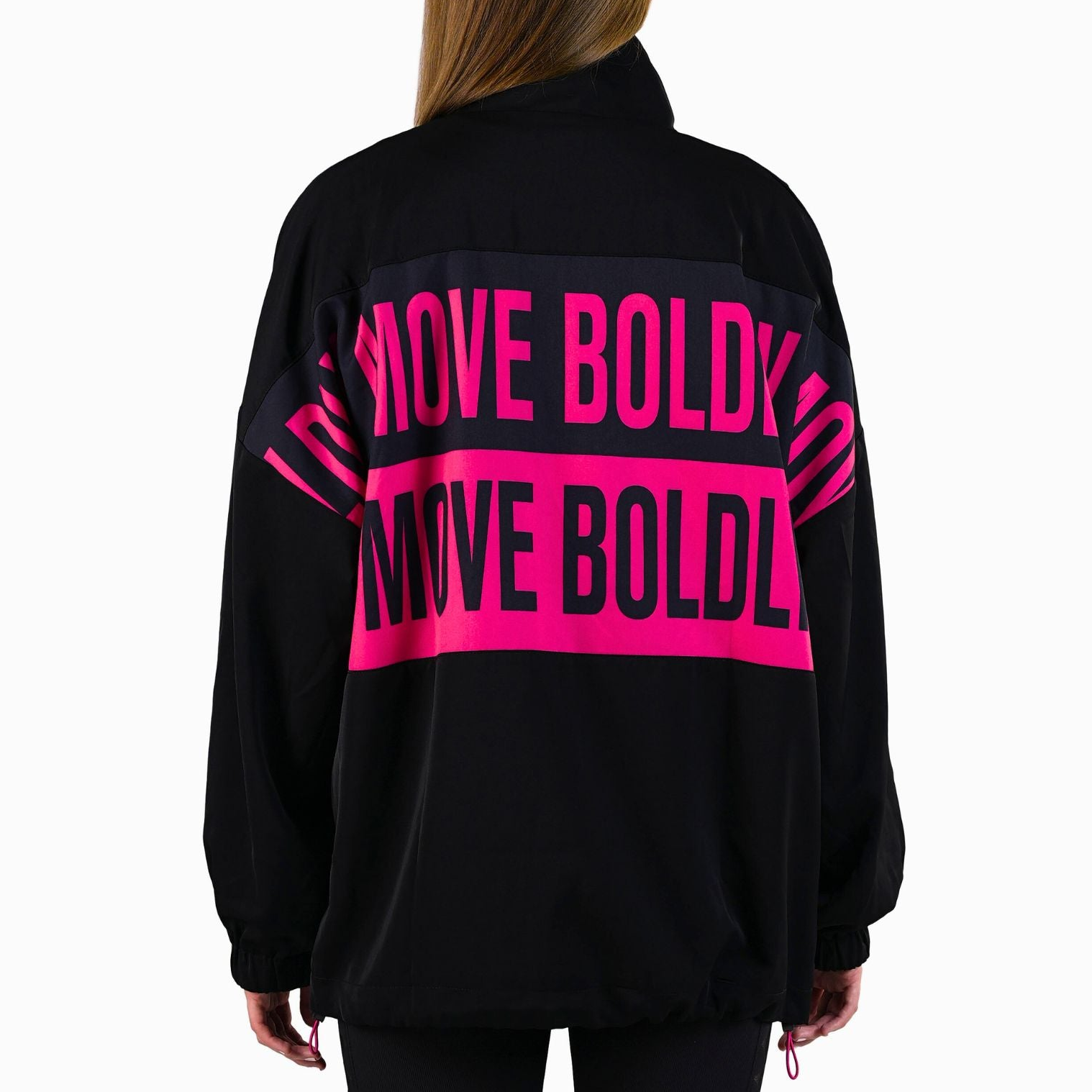 Black jacket with pink text on the back