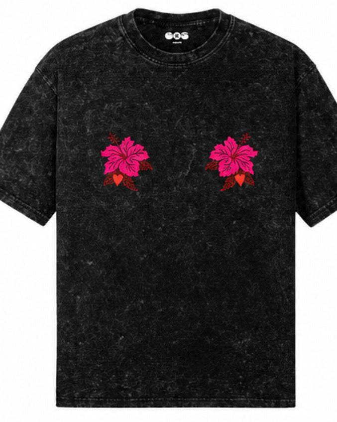 EOS Acid Washed Oversized Tee with Flower Motif -