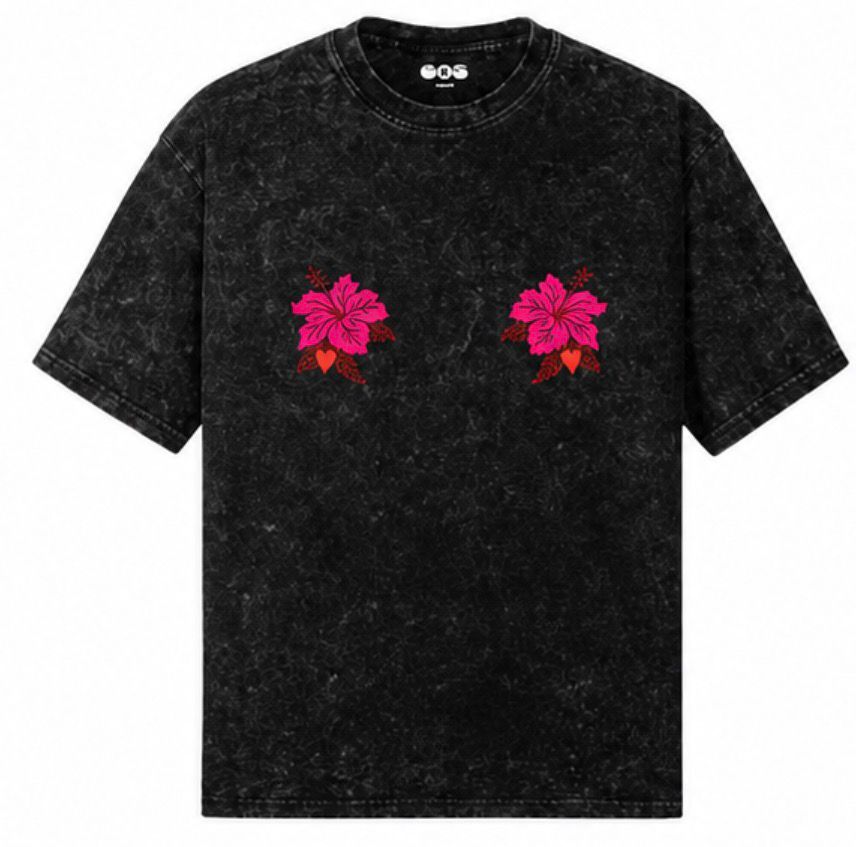 EOS Acid Washed Oversized Tee with Flower Motif -
