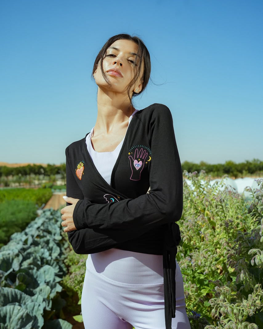 Eos Embroidered Black Wrap Top Long Sleeve Women's Blouse -