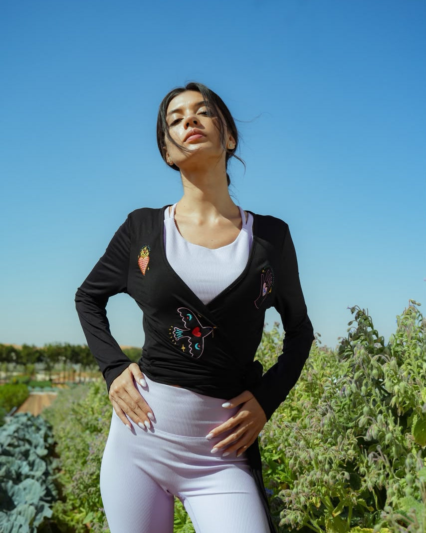 Eos Embroidered Black Wrap Top Long Sleeve Women's Blouse -