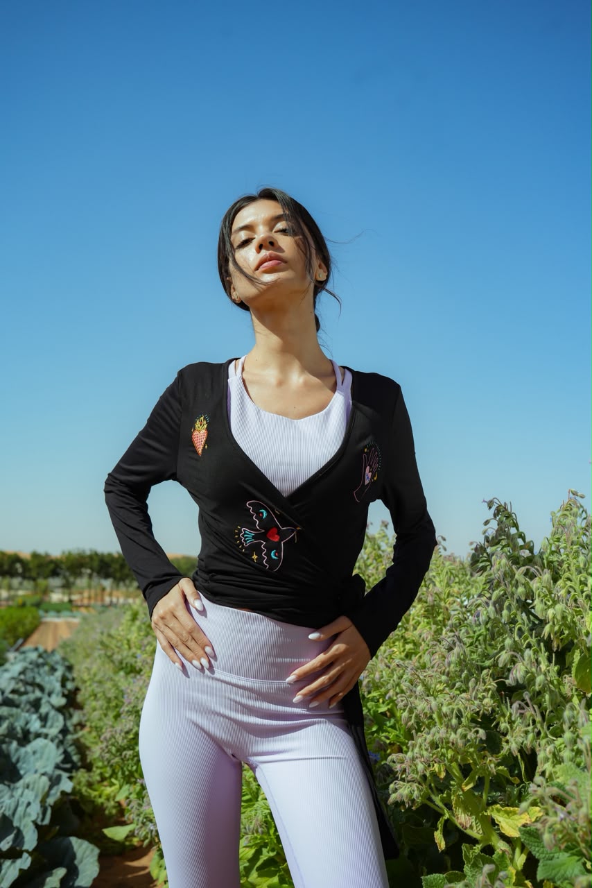 Eos Embroidered Black Wrap Top Long Sleeve Women's Blouse -