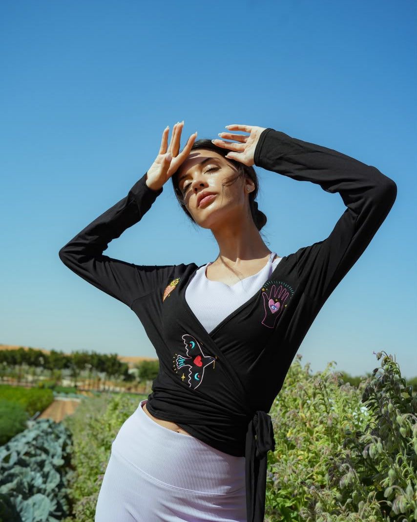 Eos Embroidered Black Wrap Top Long Sleeve Women's Blouse -