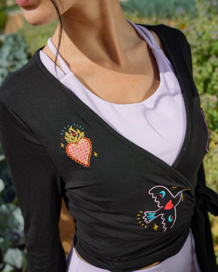 Eos Embroidered Black Wrap Top Long Sleeve Women's Blouse -