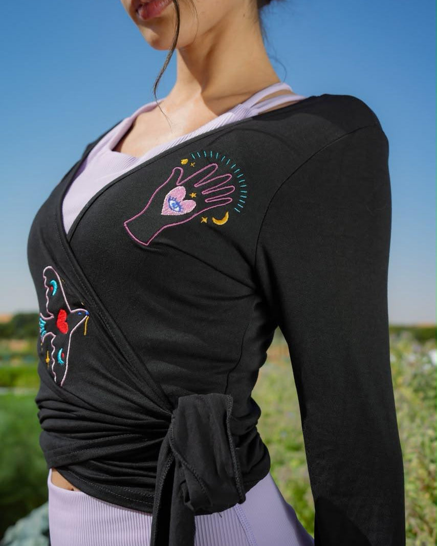 Eos Embroidered Black Wrap Top Long Sleeve Women's Blouse -