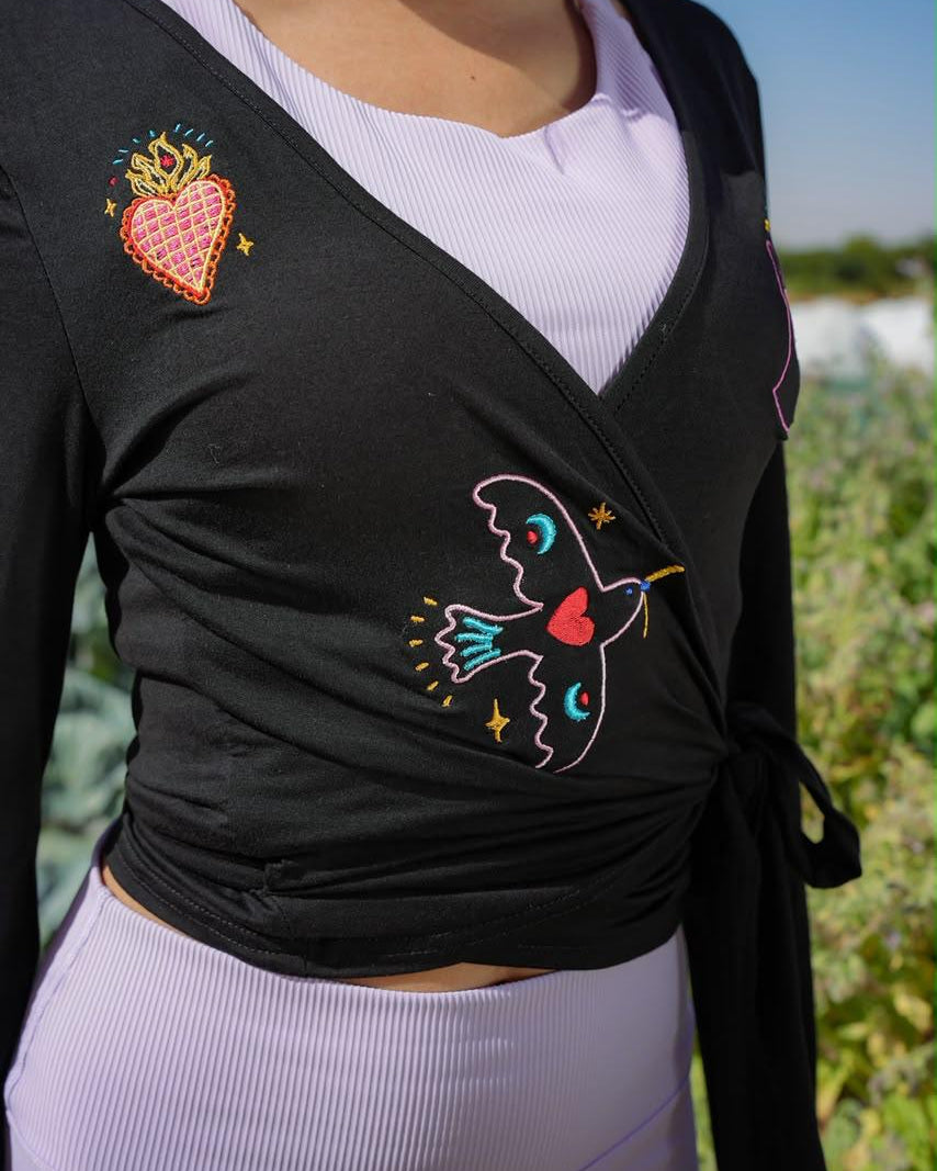 Eos Embroidered Black Wrap Top Long Sleeve Women's Blouse -