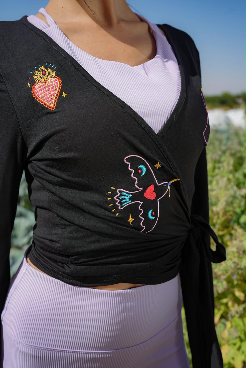 Eos Embroidered Black Wrap Top Long Sleeve Women's Blouse -