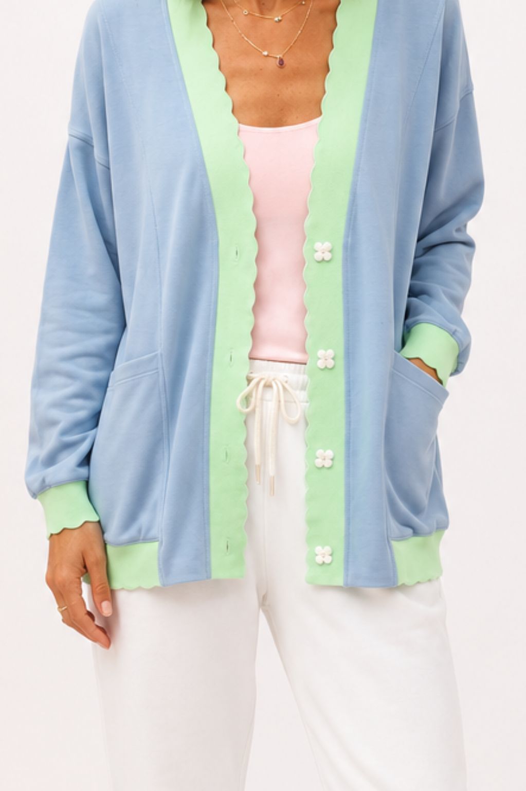 TheKool Cardi – Baby Blue & Pastel Green Scallop Trim Cardigan - 