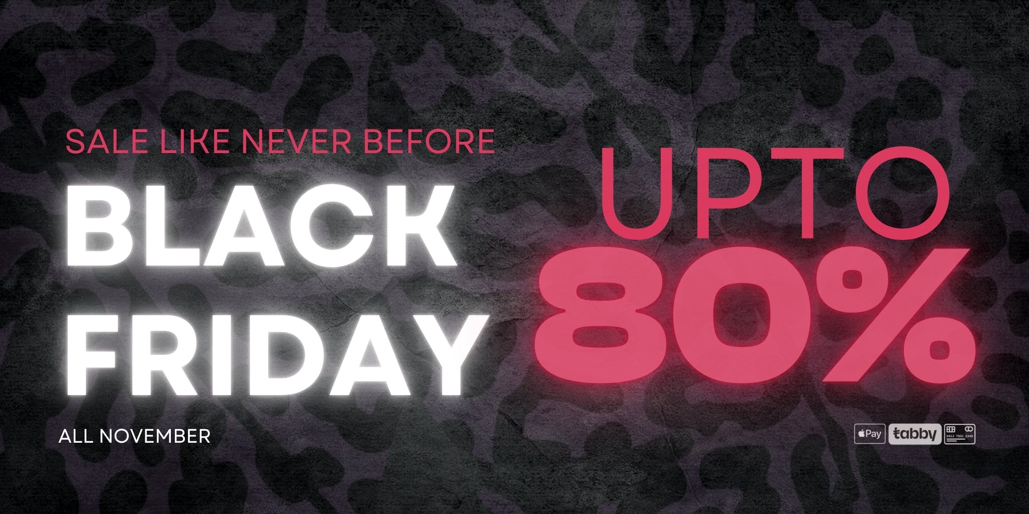 Black Friday sale advertisement with text 'Sale like never before, Black Friday, Upto 80%' on a dark textured background.