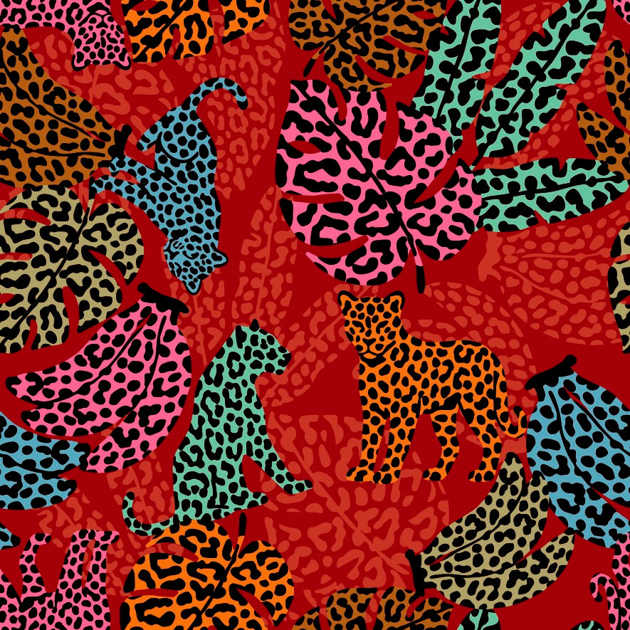 Colorful pattern of leopards on a red background