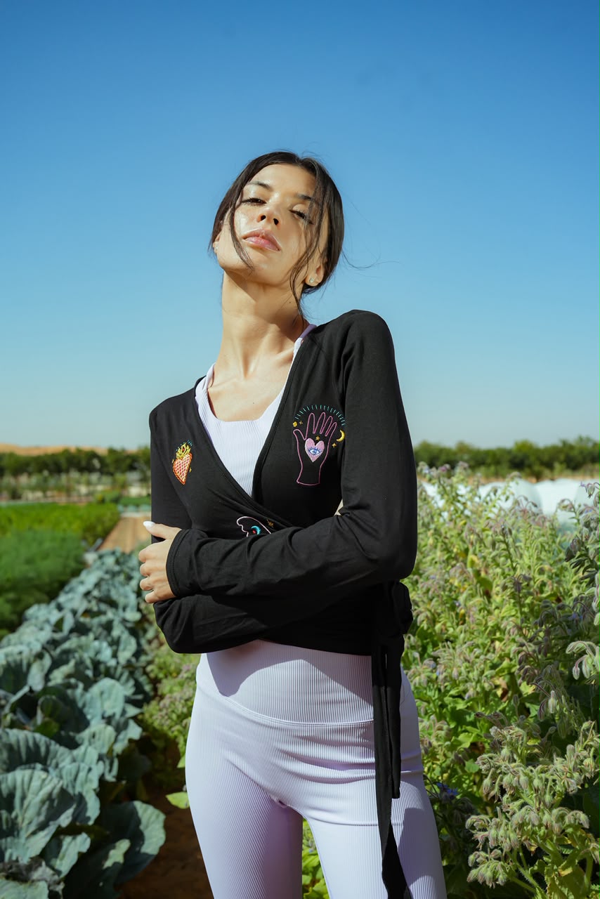 Eos Embroidered Black Wrap Top  Long Sleeve Women's Blouse - 