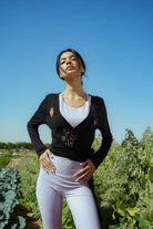 Eos Embroidered Black Wrap Top  Long Sleeve Women's Blouse - 