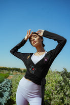 Eos Embroidered Black Wrap Top  Long Sleeve Women's Blouse - 