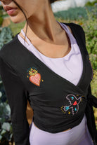 Eos Embroidered Black Wrap Top  Long Sleeve Women's Blouse - 