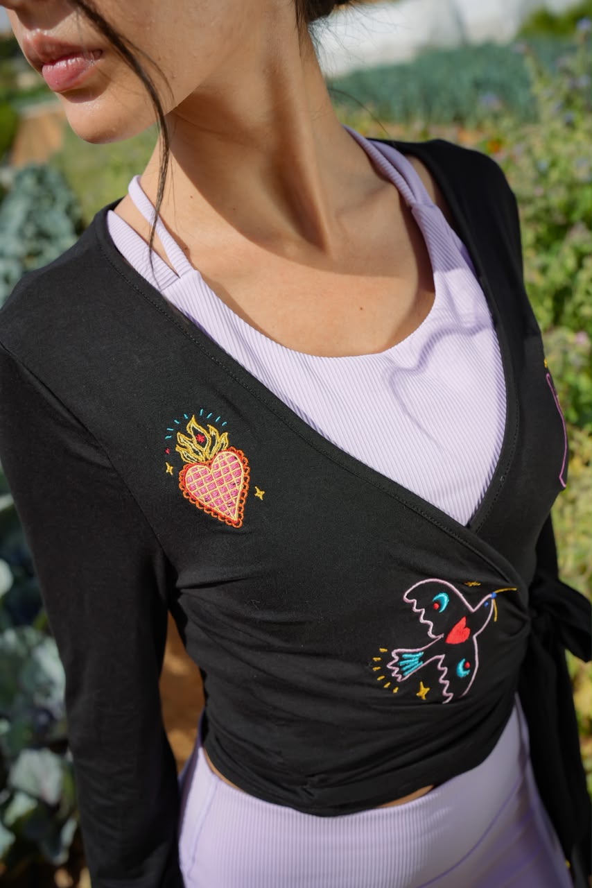 Eos Embroidered Black Wrap Top  Long Sleeve Women's Blouse - 