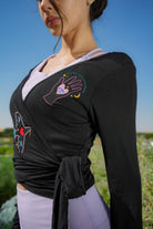 Eos Embroidered Black Wrap Top  Long Sleeve Women's Blouse - 