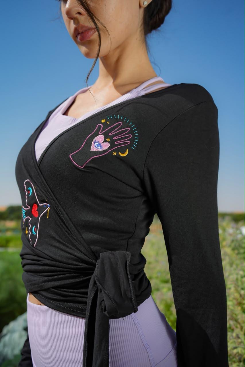 Eos Embroidered Black Wrap Top  Long Sleeve Women's Blouse - 