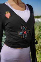 Eos Embroidered Black Wrap Top  Long Sleeve Women's Blouse - 